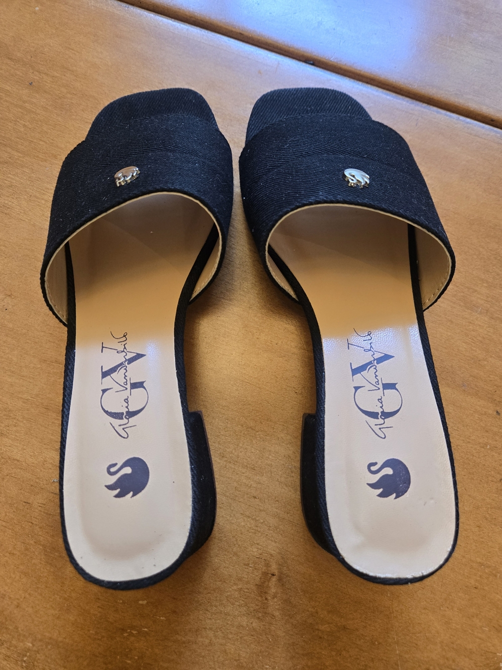 Gloria Vanderbilt Black Slide Mules with Silver Logo Accent